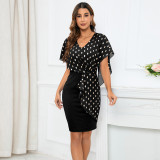 Women V-Neck Shiny Polka Dot Chiffon Dress