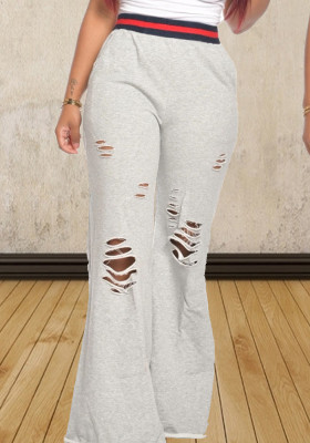 Women Casual Solid Cutout Ripped Bell Bottom Pants