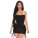 Women Sexy Strapless Mesh Pleated Top and Skirt Two-Piece Set