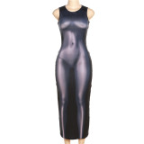 Summer Women's Fashion 3D Body Printing Round Neck Sleeveless Slim Bodycon Dress