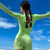 Summer Women's Sexy Mesh See-Through Cutout Round Neck Long Sleeves Tight Fitting Cargo Shorts