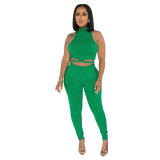 Fashion Solid Color Sleeveless Cropped Top Slim Pencil Pants Casual Two-Piece Set