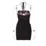 Women's Spring Hollow Halter Neck Lace Up Sexy Gathered Dress