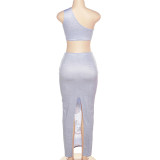 Women's Summer Fashion Style Print Slash Shoulder Low Back Sexy Slim Maxi Dress Two-Piece Set
