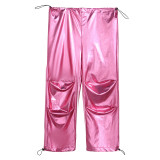 High Waist Drawstring Gloss Coated Straight Leg Cargo Pants Women's Versatile Casual Pants