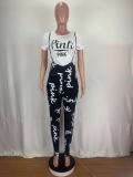 Women's Printed Pant Ruber Print Round Neck Tight Fitting Top