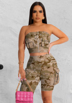 Women's Solid Color Short Sleeve Shorts Cargo Camo Pocket Stretch Casual Two Piece Suit Women