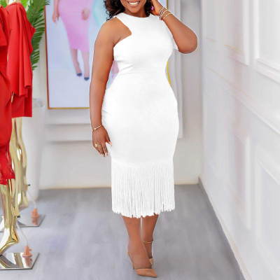 Plus Size Women's Summer Solid Bodycon Fringe Pencil African Dress