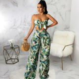 Women Sexy Crop Top and High Waist Leaf Print Loose Two Piece Pants Set