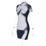 Women's Summer Fashion Printed Slim Fit Round Neck Short Sleeve Bodycon Dress