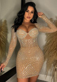 Women's Fashion Solid Color Mesh Beaded Long Sleeve Dress