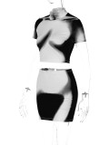 Women's Spring Print Crop Short Sleeve Top Slim Skirt two piece Set