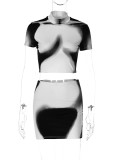 Women's Spring Print Crop Short Sleeve Top Slim Skirt two piece Set
