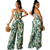 Women Sexy Crop Top and High Waist Leaf Print Loose Two Piece Pants Set