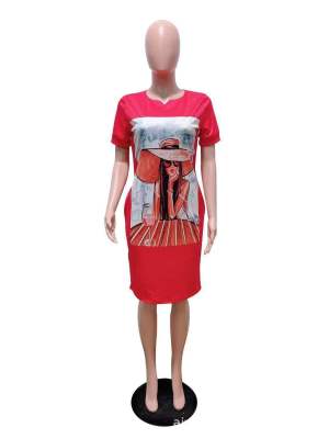 Positioning Print Figure Loose Short Sleeve Plus Size Women's Dress