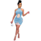 Ladies Fashion Sexy Hollow Mesh Solid Color Dress