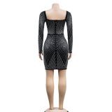 Women's Fashion Solid Color Mesh Beaded Long Sleeve Dress