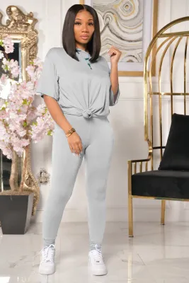 Summer Women's solid color Short Sleeve two-piece pants set fashion sportswear