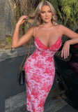 Women's Summer Fashion Printed V-Neck Sexy Low Back Strap Dress