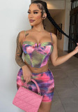 Women's Summer Print Crop Camisole Top Slim Short Skirt two piece Set