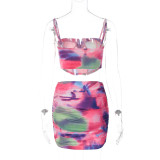 Women's Summer Print Crop Camisole Top Slim Short Skirt two piece Set
