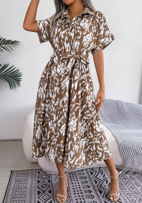 Women Summer Casual Loose Leopard Tie Shirt Dress