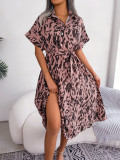 Women Summer Casual Loose Leopard Tie Shirt Dress