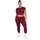 Women's Plus Size Short Sleeve Trousers Solid Color Cross Back Slim Sexy Two-Piece Set