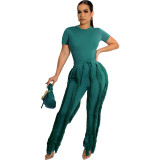 Ladies Suit Tassel Lace Fashion Multicolor Spring Summer Solid Color Sports Top + Pants Set