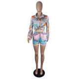 Fashion Print Women's Long Sleeve Blazer Short Set Cozy Fall Outfit with Bandana