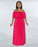 Women's Spring Summer Off Shoulder Chiffon Pleated Solid Color Maxi Dress with Lining