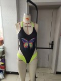 Sexy Color Contrast Tie Neck Swimsuit Bikini One Piece Open Waist Sexy Swimsuit