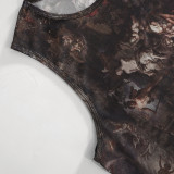 Women's Summer Sexy Print Sleeveless Round Neck Mesh See-Through Slim Maxi Dress