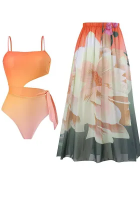 One-piece swimsuit color matching cover-up skirt