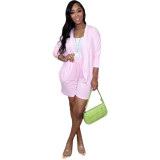 Women'S Casual Solid Long Sleeve Cardigan Short Two Piece Set