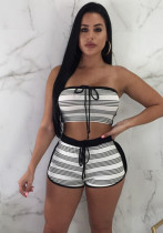 Women'S Fashion Sexy Stripe Strapless Lace-Up Two-Piece Shorts Set