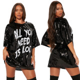 Trendy Round Neck Half Sleeve Loose Sequin Print Dress Girl Party Sequined Nightclub Style Dress