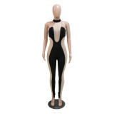 Fashion Halter Neck Low Back Mesh Patchwork Contrasting Tight Fitting Butt Lift Jumpsuit Without Sleeves