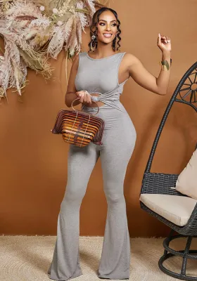 Trendy Solid Knotted High Stretch Wide Leg Jumpsuit