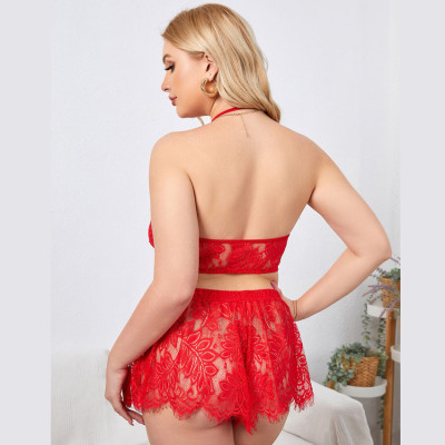 Red Lace Sexy Panties Plus Size Halter Neck Bra Lingerie Set Ladies Underwear Set