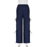 Street Ladies Drawstring Low Waist Loose Woven Cargo Pocket Casual Trousers
