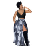 Spring Summer Women'S Casual Print Zipper Slit Stretch Waist Skirt