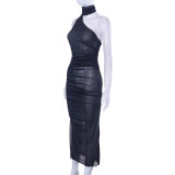 Women'S Summer Solid Color Sexy Mesh See-Through Sleeveless Slim Long Dress