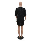Trendy Round Neck Half Sleeve Loose Sequin Print Dress Girl Party Sequined Nightclub Style Dress