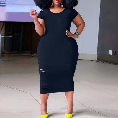 Women'S Casual Plus Size Round Neck Short Sleeve Black Dress