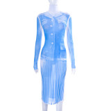 Spring Summer Women'S Fashion Style Positioning Print Long Sleeve Slim Bodycon Dress