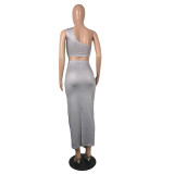 Women'S Print Slash Shoulder Low Back Crop Top Long Skirt Two-Piece Set