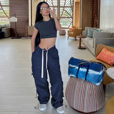 Street Ladies Drawstring Low Waist Loose Woven Cargo Pocket Casual Trousers