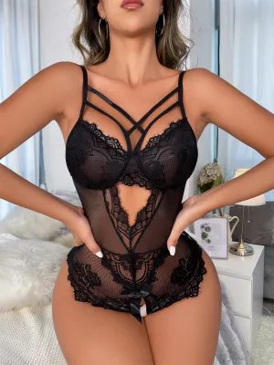 Feminine Fashion Lace Embroidery Patchwork Sexy Bodysuit Lingerie