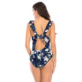 Women'S Print V Neck Ruffled Sleeveless One Piece Swimsuit